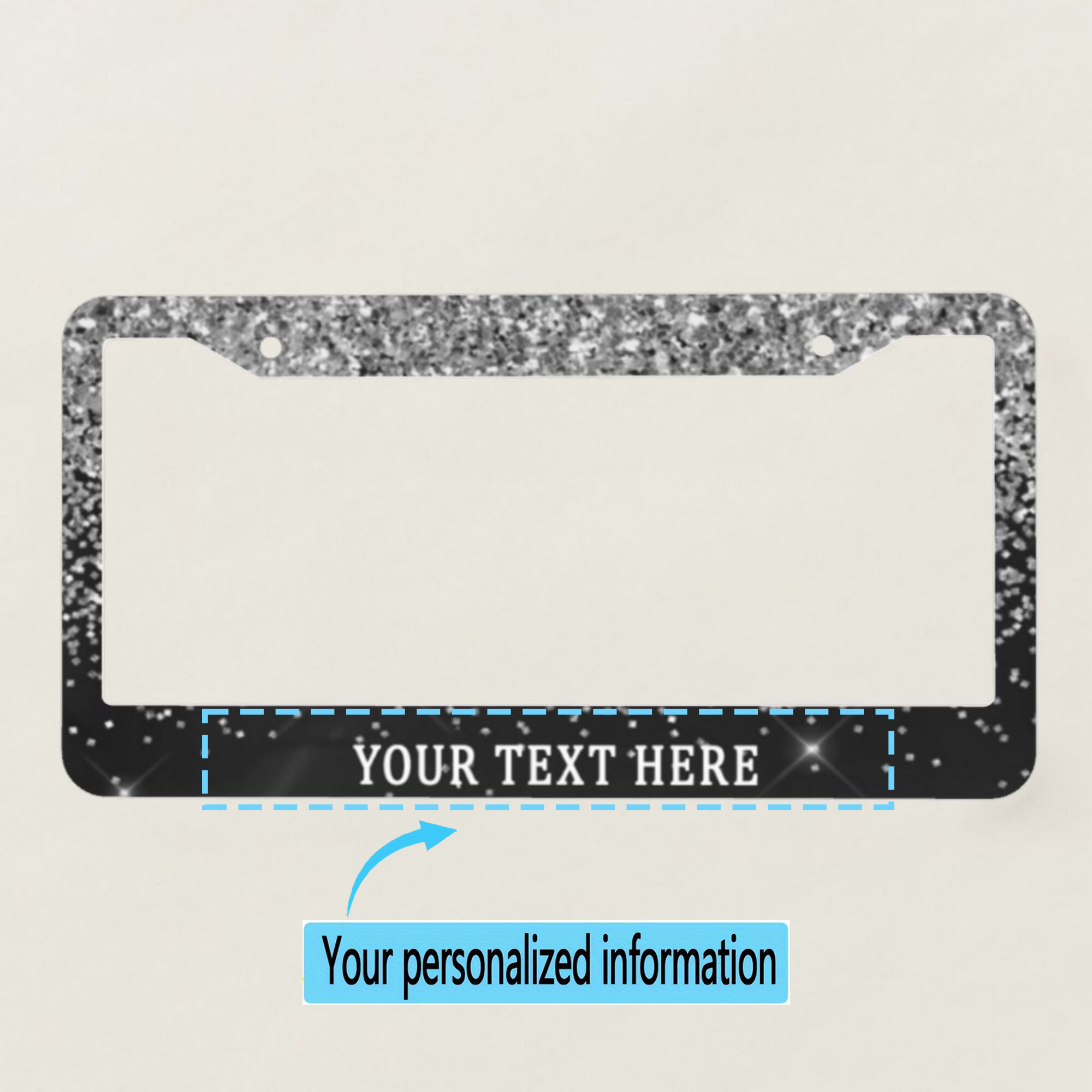 

1 Pc Custom Text Aluminum License Plate Frame - Personalized Silver Black Glitter Sparkle - Uv-protected, Weatherproof, Easy Install - Fits Standard Plates