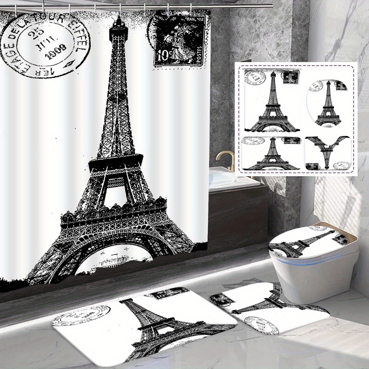 

1/4pcs Black And White Retro Eiffel Tower Bath Curtain Set, French Romantic Bath Curtain, Non-slip Rug, Toilet Seat And Bath Mat, Waterproof Bath Curtain With 12 Hooks, Home Bathtub Decoration