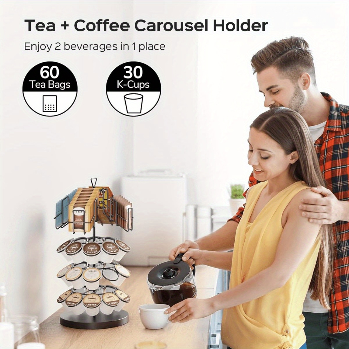 

K Cup & Tea Bag Holder, Spins 360-degrees 20/30 And 60 Tea Bags- Tea Organizer For Tea Bags & Coffee Pod Carousel Stand For Kitchen Office Countertop Coffee Bar Or Coffee Station, Black