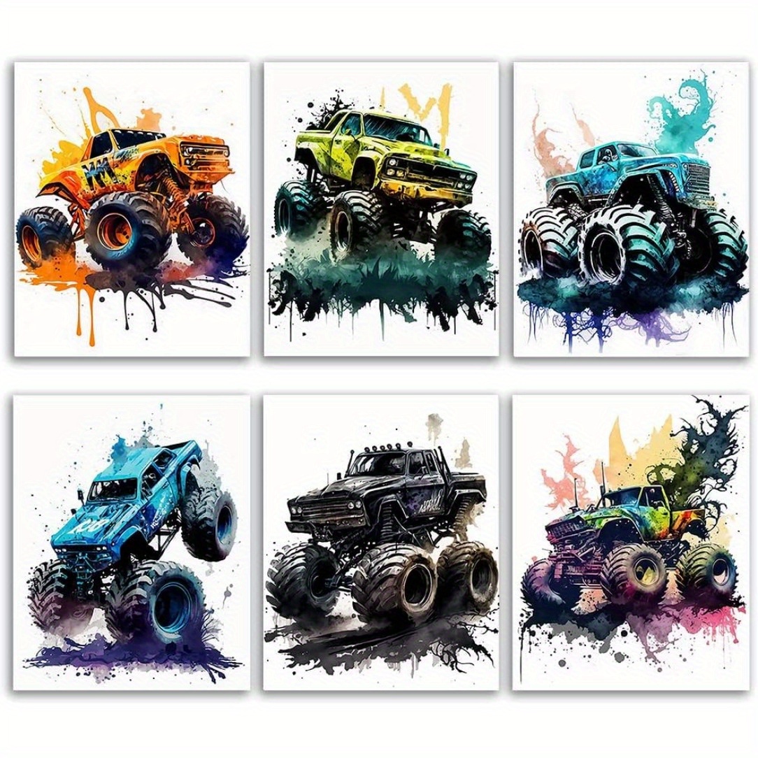 

6 Pieces Of Frameless Monster Truck Posters - Watercolor Art Prints For Room Decorations, Nursery, Playroom, And Wall Decoration - 8x10 Inches