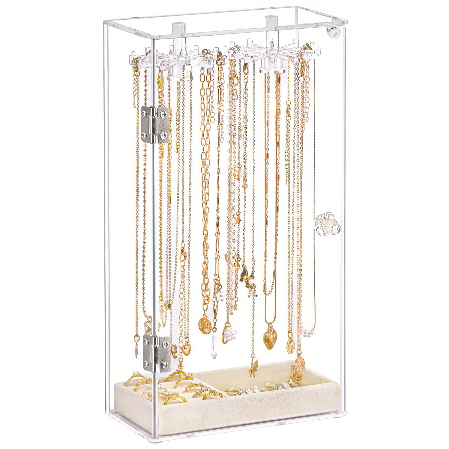 

Rotatable Clear Jewelry Organizer With Velvet Tray - Multi- Necklace, Bracelet & Ring Holder For Home Decor,