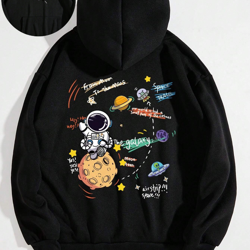 

Space Astronaut Print Drawstring Hoodie, Casual Long Sleeve Kangaroo Pocket Sweatshirt For Fall & Winter, Women's Clothing