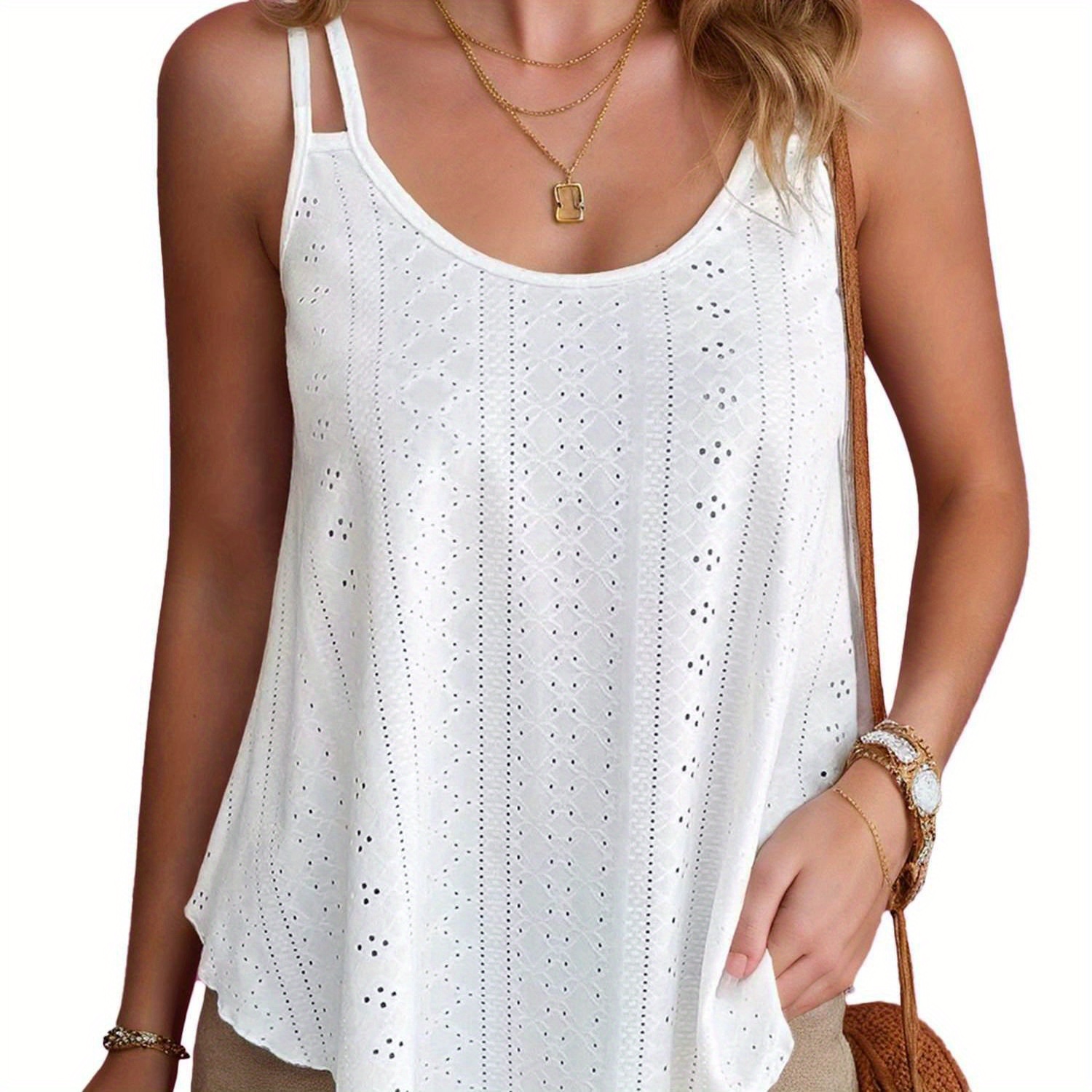 

Tooluck Eyelet Crew Neck Cami Top, Casual Sleeveless Loose Top For Summer, Women's Clothing