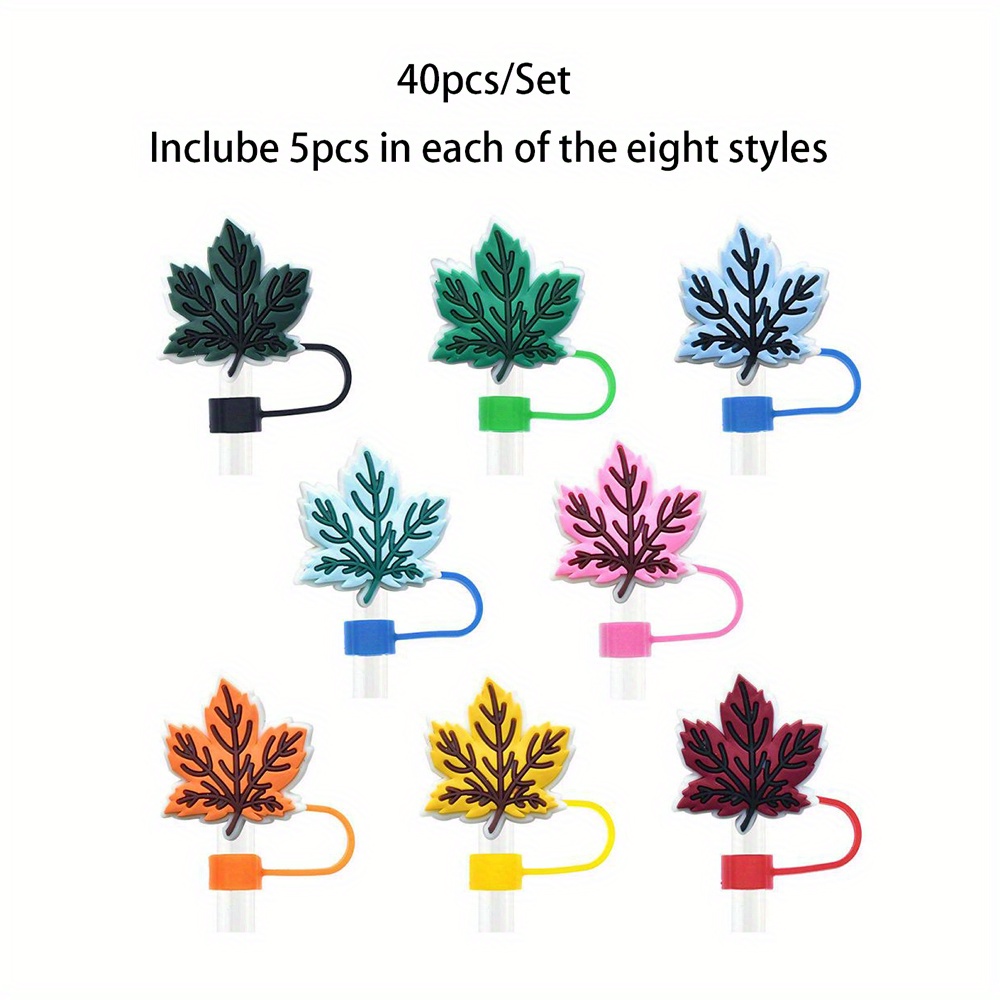 

40pcs/set 8 Style Maple Leaf Model Silicone Straw Cover Kitchen Drinking Straw Cover Dustproof Plug Suitable For