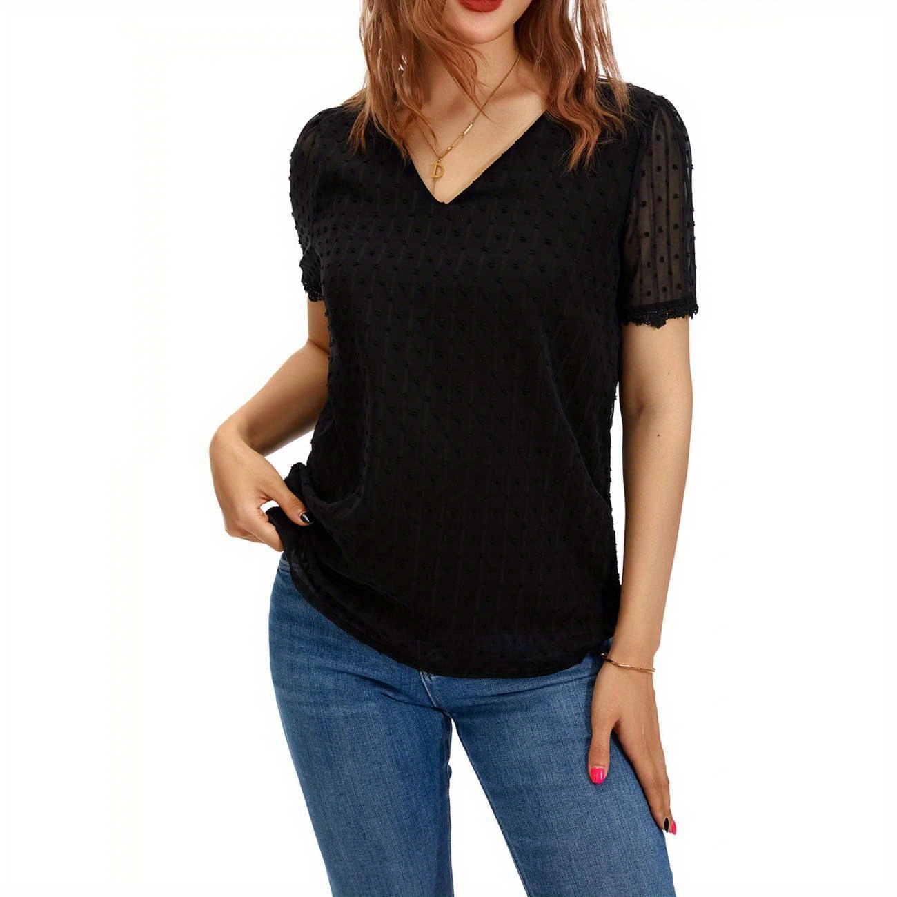 

Womens Summer Casual T-shirts Blouse Solid Color Short Sleeve V Neck Loose Fit Tops