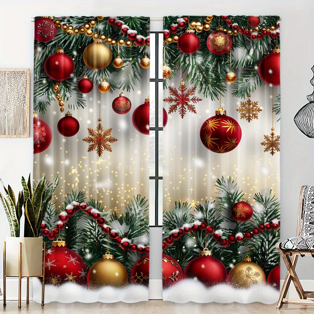 

2pcs Set Christmas- Curtains - , Rod , Polyester, , For , , & Dining Area - -blocking, Decorative Drapes For