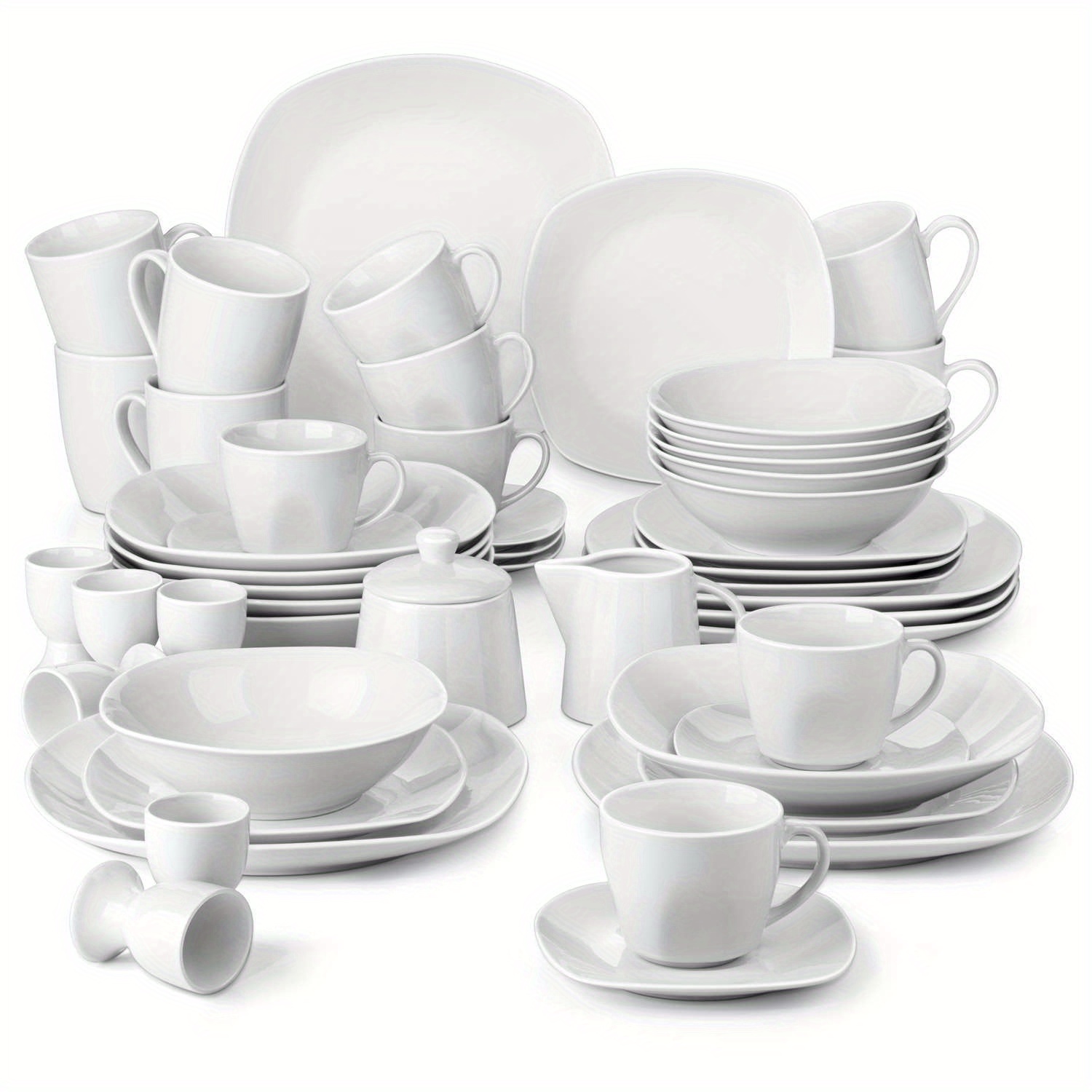 Image of Square Dinnerware Sets 50pcs Porcelain Gray White Dishes With Plates And Bowls Set, Cups And Saucers, Coffee Mugs, Egg Cups, And Milk Pot, Dish Set For 6