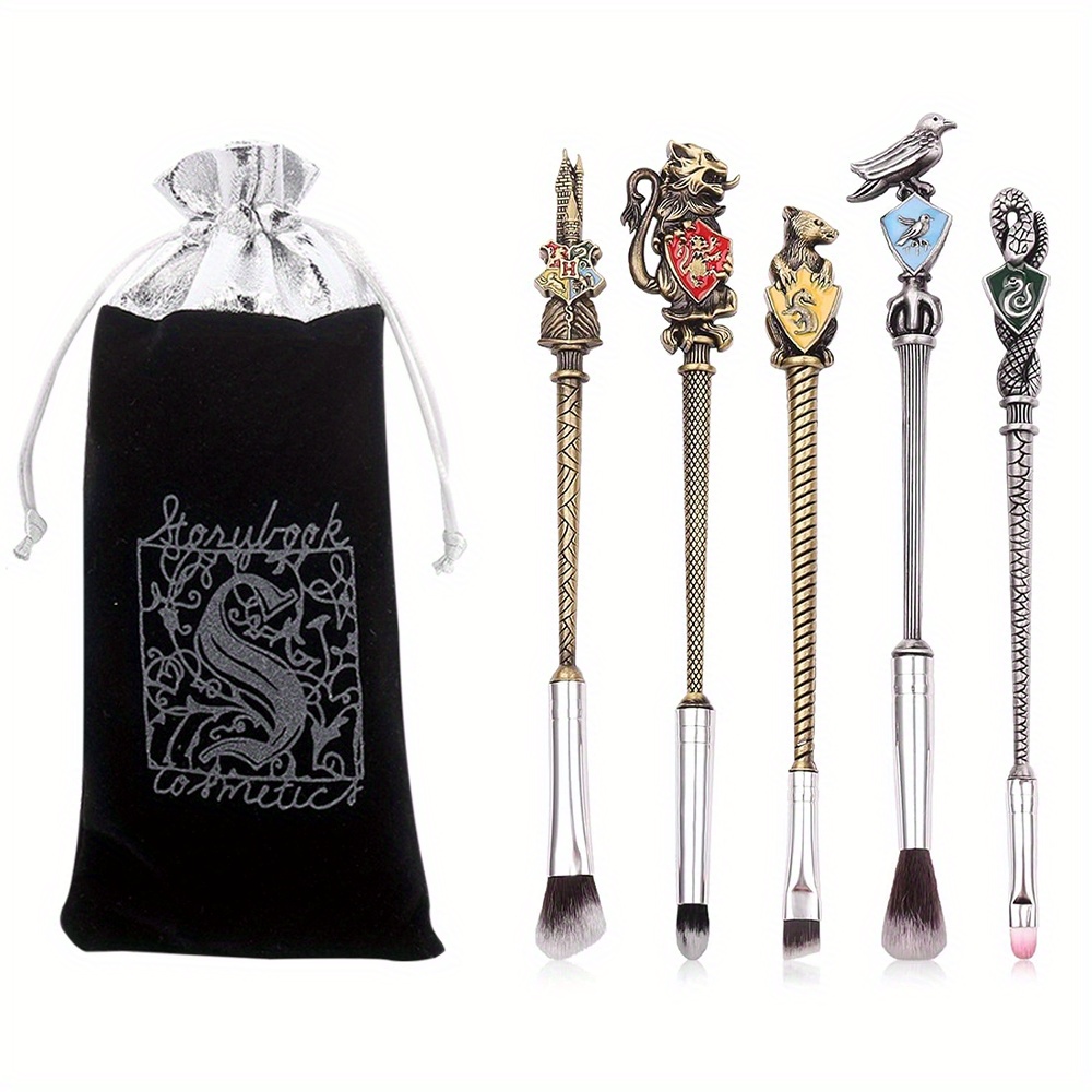 

5pcs Wizard Wand Makeup Brush Set With Elegant Metal Handles - Includes Drawstring Holder & Mermaid Charm Brush - Ideal For Foundation, Blush, & Eye Shadow Application - Fragrance-free