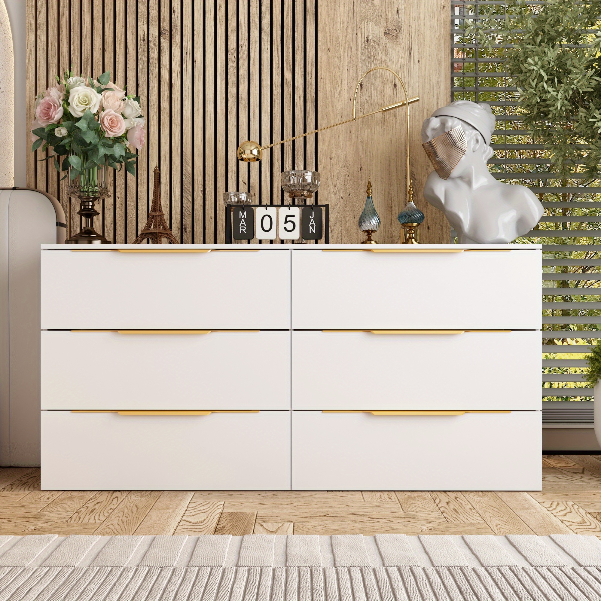 Modern White Double Dresser with 6 Drawers, Elegant Hardwood Storage  Cabinet Featuring Golden Handles * Top for Display * for Bedroom or Living  Room, Bedroom Storage | Minimalist Furniture | * with ...