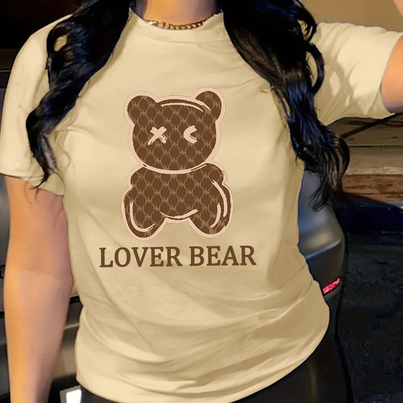

Cartoon Bear & Letter Print Comfy T-shirt, Round Neck Short Sleeve Sports Tee, Women's Activewear