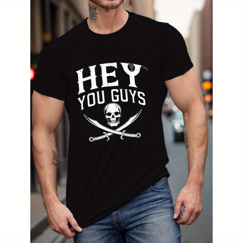 

Men's Casual Versatile Summer T-shirt - Hey You Guys & Skull And Machete Print Short Sleeve Crew Neck Comfy Tees As Gift