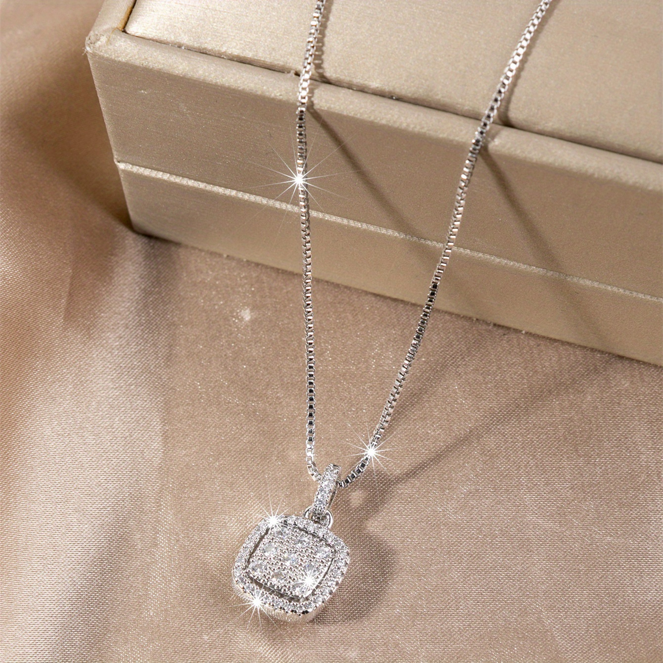TEMU Elegant And Square Zirconia Pendant - Women's Luxurious Plated 925 Silver Necklace, Wedding Party Jewelry