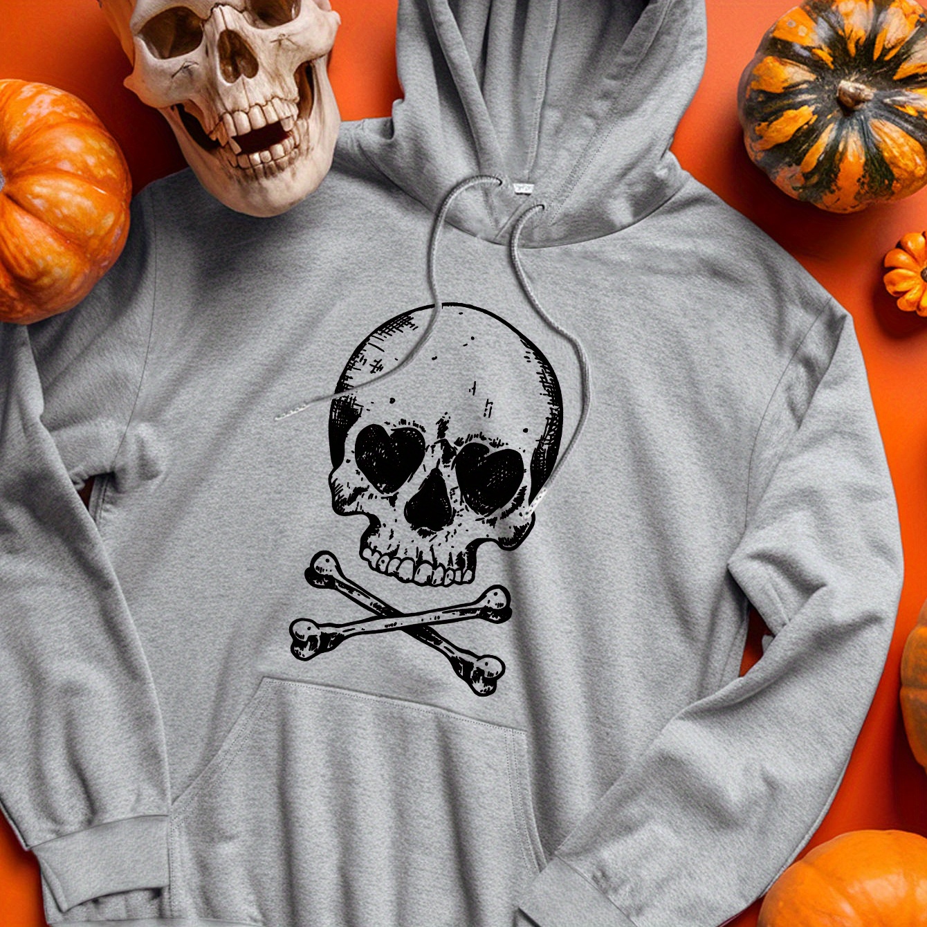 

Plus Size Skull Print Hoodie, Casual Cat Ear Drawstring Hooded Long Sleeve Kangaroo Pocket Sweatshirt For Fall & Winter, Women's Plus Size Clothing