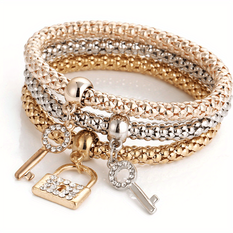 

3pcs/set Fashion Stackable Bracelets For Girls, Copper Material, Inlaid Artificial Diamonds, With Lock And Key Shape Pendants, Ideal Choice For Gift And Daily Wear