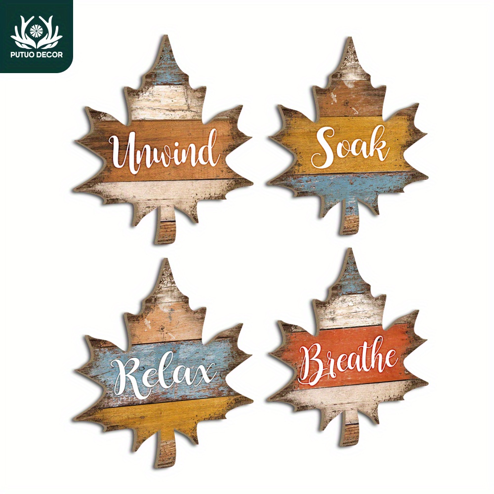 

4pcs Maple Leaf Wooden Wall Art Set - Relax, Soak, Unwind, Breathe Signs For Home & Farmhouse Decor - Perfect For Fall, Thanksgiving, And Harvest Season