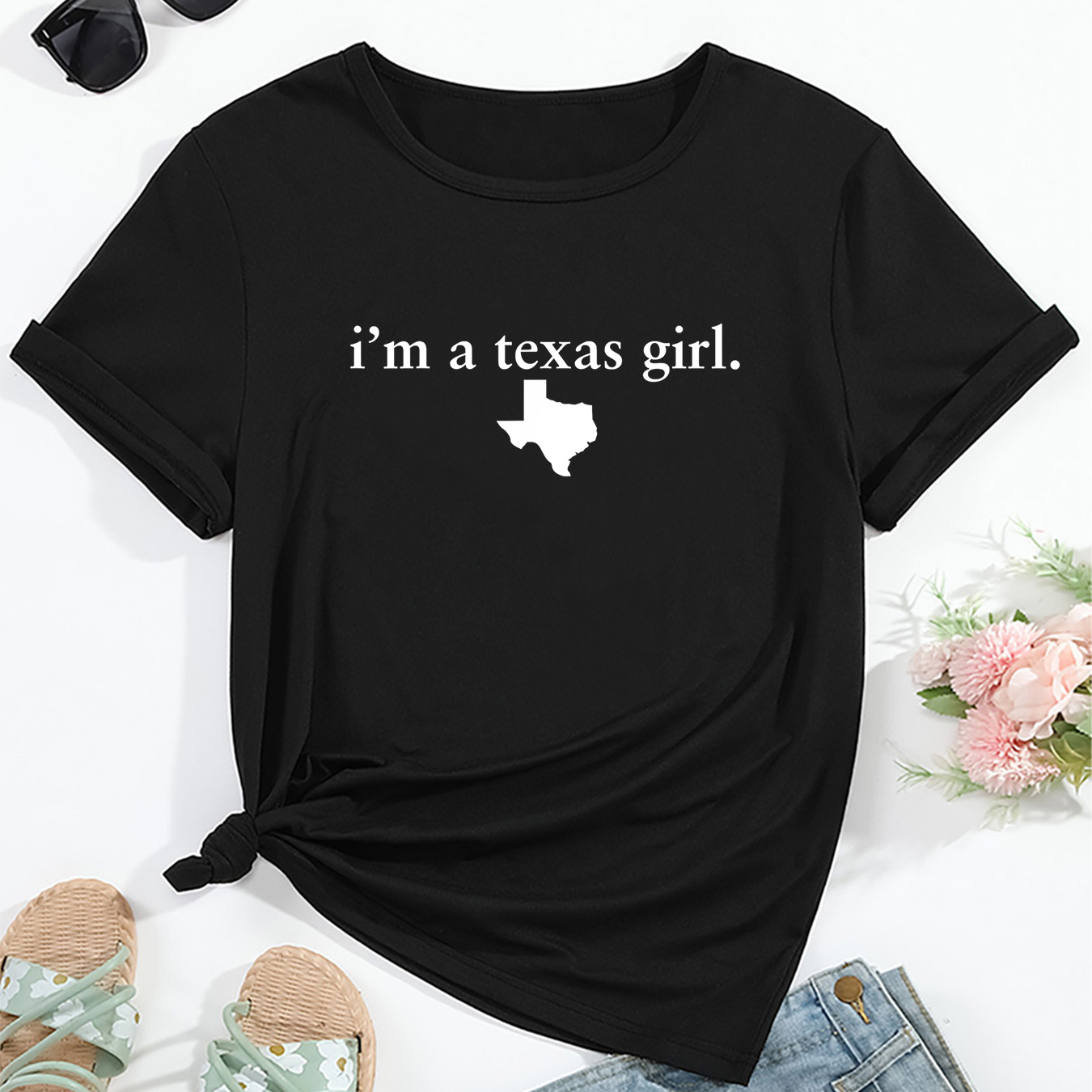 

Women's "i'm A Texas Girl" Letter Print Casual Knit T-shirt, Comfortable Short Sleeve Pullover