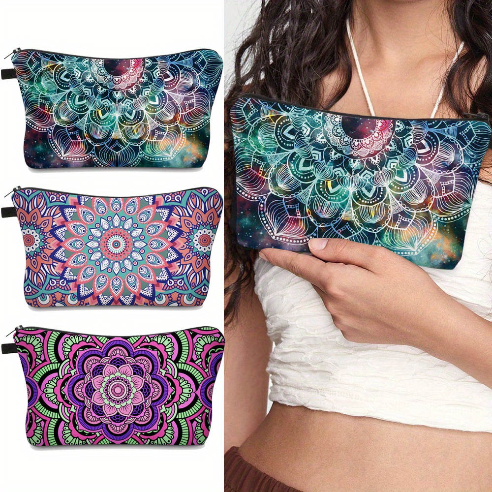 TEMU 3pcs Makeup Bag Set, Ladies' 3d Printed Mandala Pattern Cosmetic Pouches, Fashionable Cute Wallets