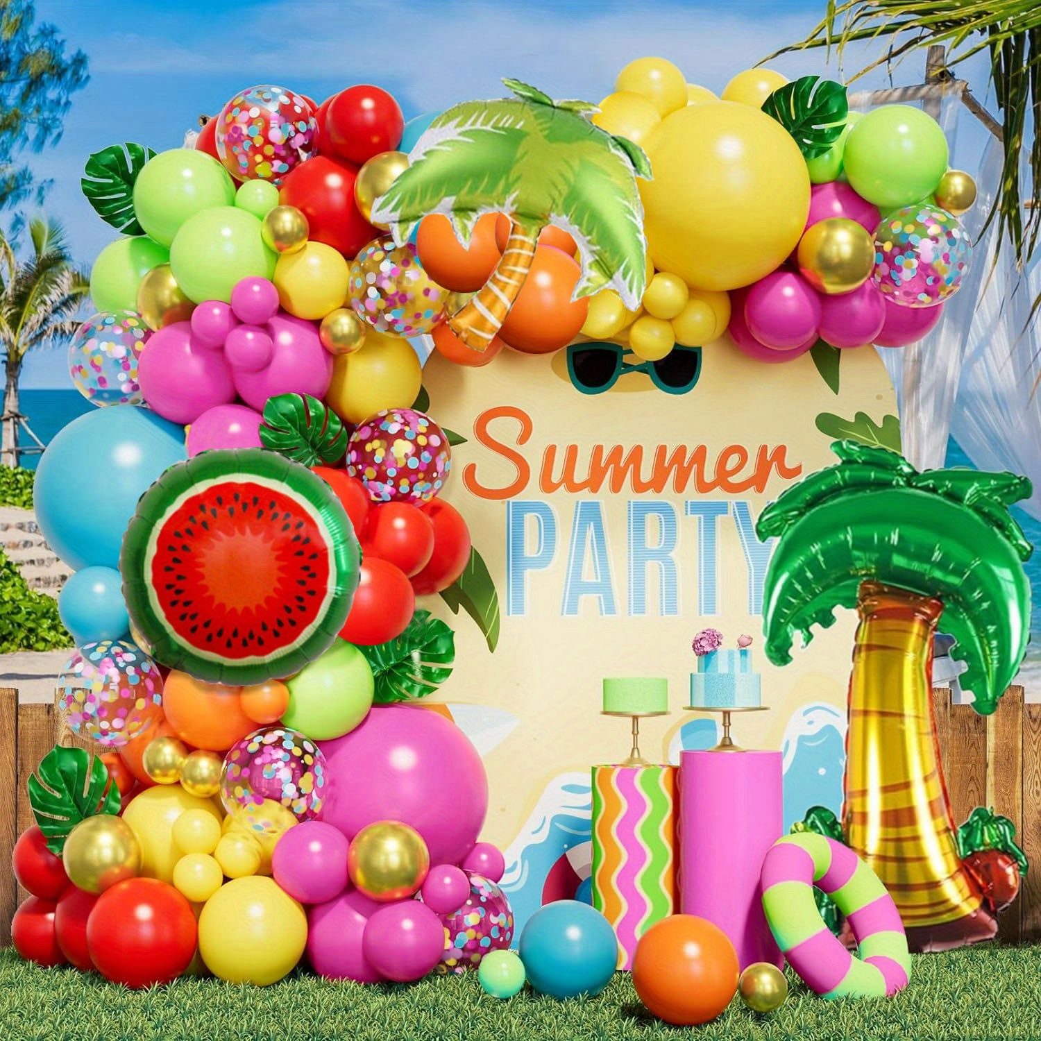 

121-piece Tropical Hawaiian Balloon Arch Kit - Vibrant Latex & Foil Balloons With Coconut Trees & Watermelon Designs For Pool, Beach Parties, Birthdays & Summer Celebrations Hawaiian Balloons