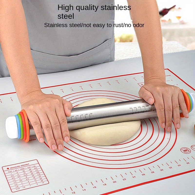 

17-inch Stainless Steel Rolling Pin With Adjustable Thickness Rings – Non-stick, Uncharged, With Measurement Markings – Durable Baking Tool For Pizza, Cookies, Pie, Pasta – Kitchen Essentials