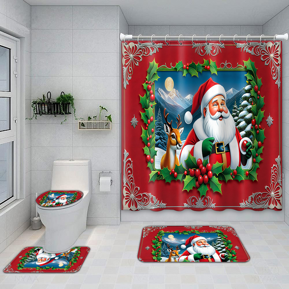 Christmas Cartoon Santa Print Shower Curtain Set With Non-slip Bath Mat ...
