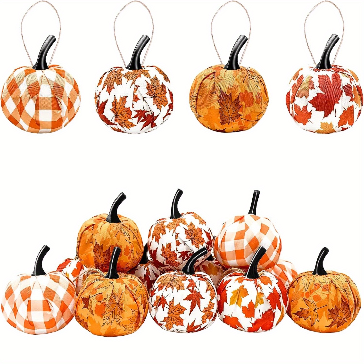 

Festive Fall Pumpkin Ornament: Maple Leaf Gingham Fabric Wrapped Hanging Ball For Thanksgiving, Halloween, Or Autumn Home Decor