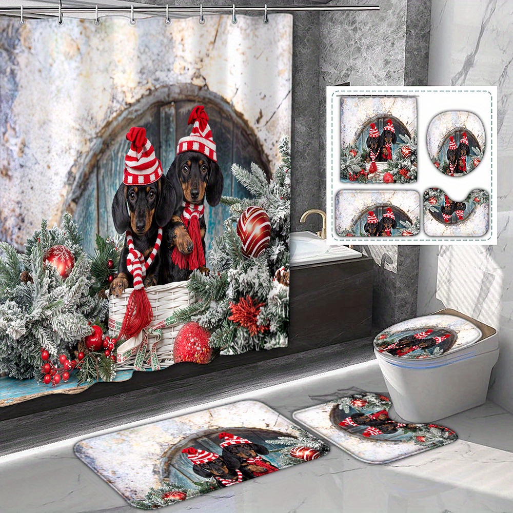 

Festive Christmas Dachshund Print Shower Curtain Set With 12 Hooks, Bath Mats, Toilet Seat Cover, And U-shaped Rug - Seasonal Bathroom Decor