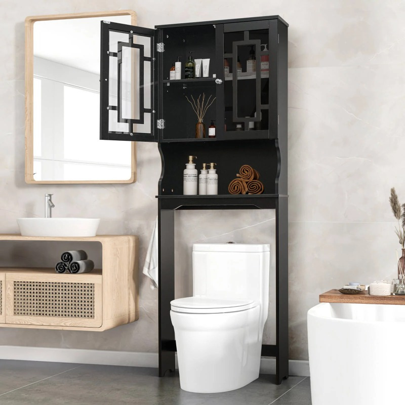 

Over-the-toilet Storage, Wooden Bathroom Organizer, With 2 Glass Doors & Adjustable Shelf For Bathroom