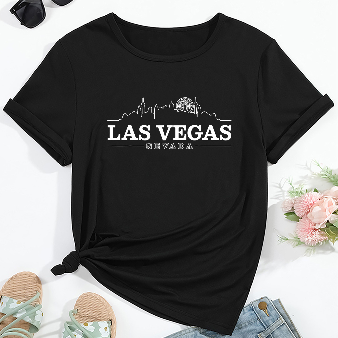 

Women's Casual Sports T-shirt, Las Vegas Printed Knit Short Sleeve Crew Neck, Comfort Fit Sports Top, Casual Style