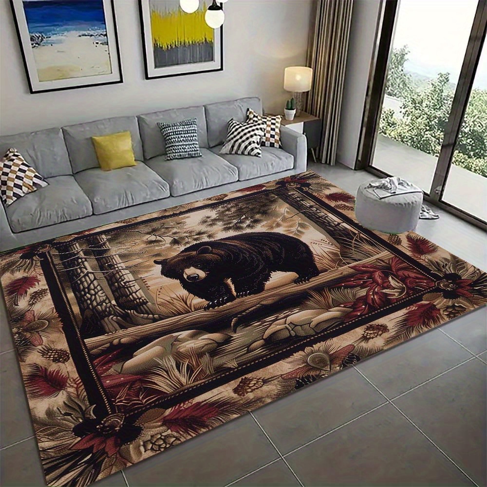 

Vintage Brown Bear Puzzle-pattern Area Rug - Polyester, Non-slip Office & Home Decor Carpet, Perfect Holiday Gift, 800g/m2, Large Size Options Available