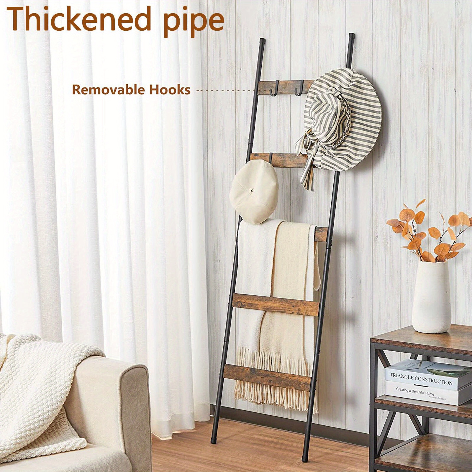 TEMU Blanket Ladder, 5 Tier Blanket Holder With 10 Removable Hooks, Farmhouse Style Blanket Ladder For Living Room Bathroom, Decorative Wall Mounted