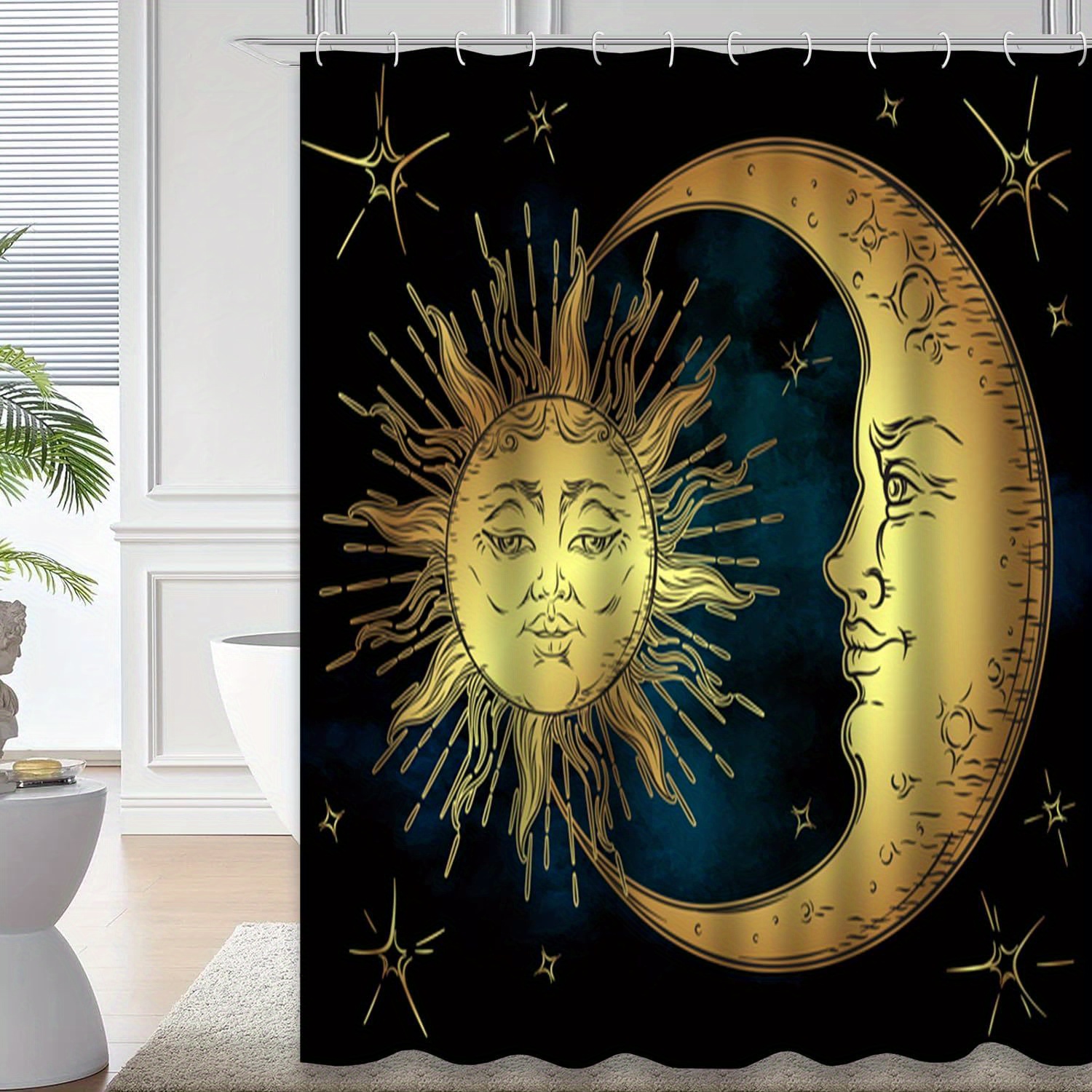 

Shower Curtain Golden Moon Blue Shower Curtain For Bathroom With 12 Hooks Antique Style Art Golden Sun Moon And Stars Blue Black Sky Boho Waterproof Decorative Bathroom Decor 72 X 72 Inch