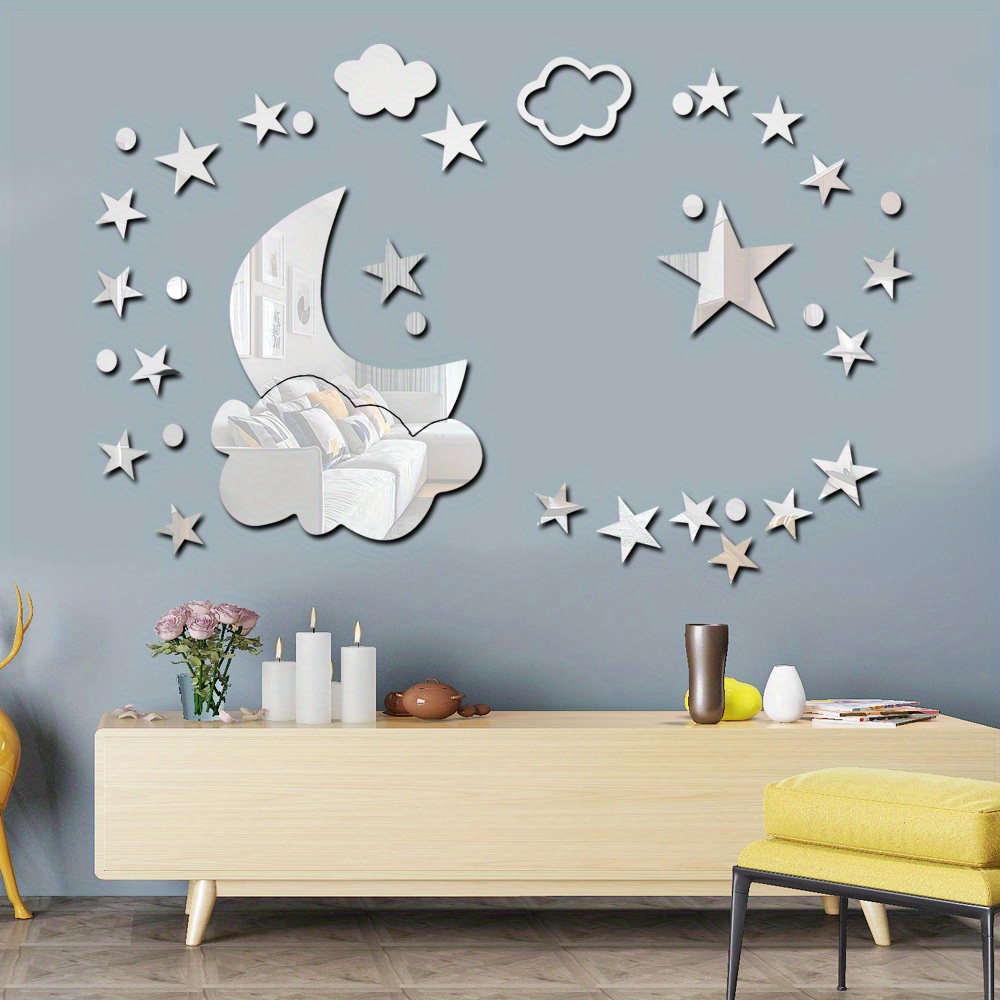 

Acrylic Mirror Wall Stickers With Moon And Clouds Pattern, Self-adhesive Diy Wall Decoration For Bedroom Home Decor