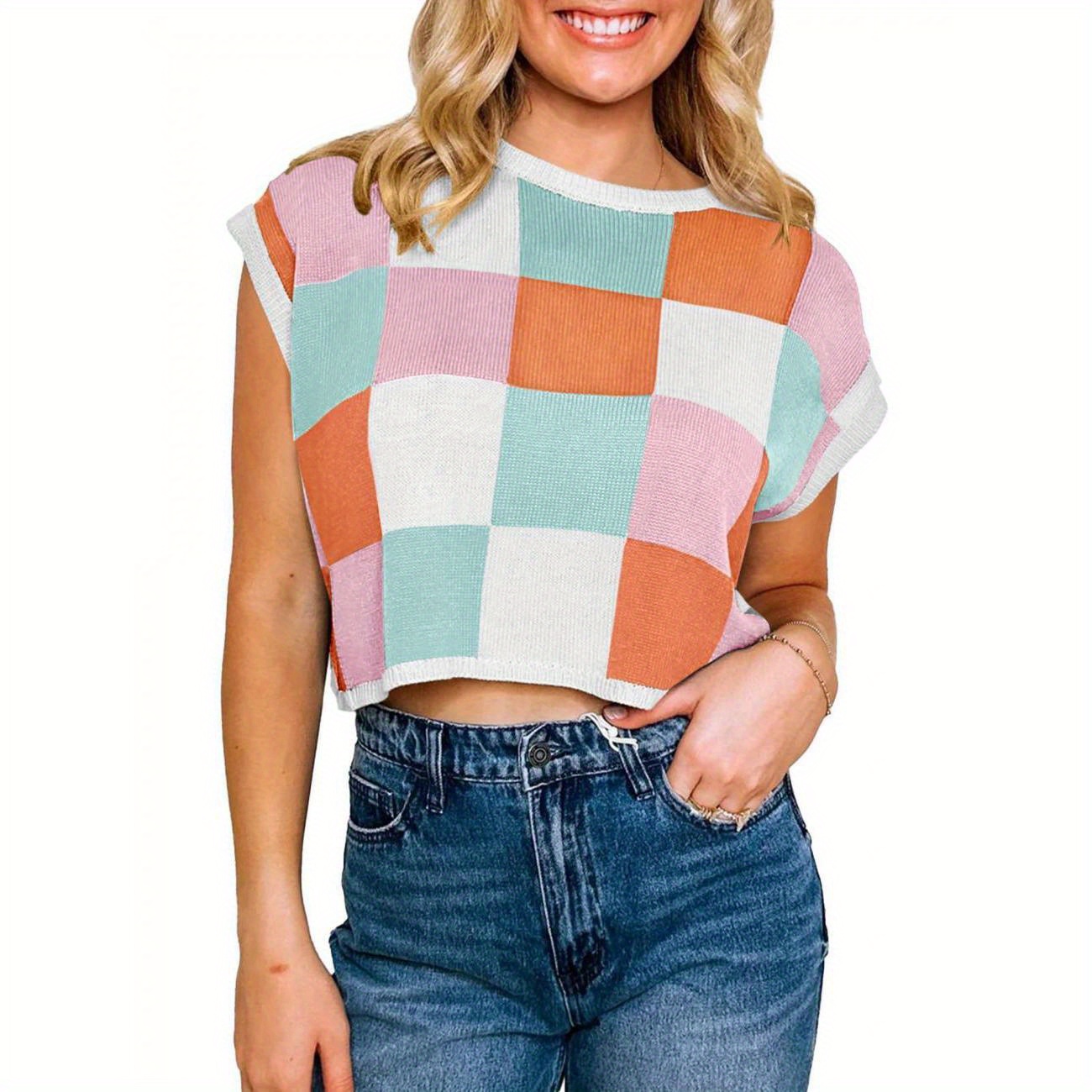 

Women's Knitted Tops Ribbed Checkered Short Sleeve Round Neck Contrast Color Casual Crop T-shirt