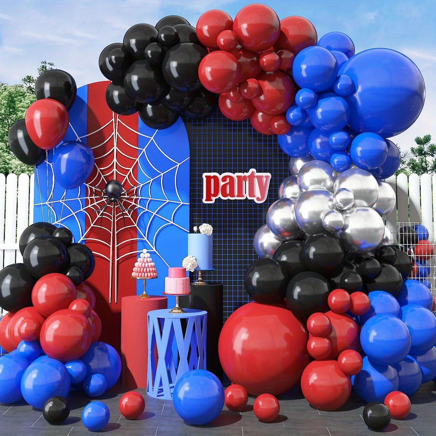

103-piece Spider-themed Balloon Arch Kit - Red, Blue & Black With Metallic Silvery Latex For Boys' Birthday, Wedding, Baby Shower & Graduation Celebrations