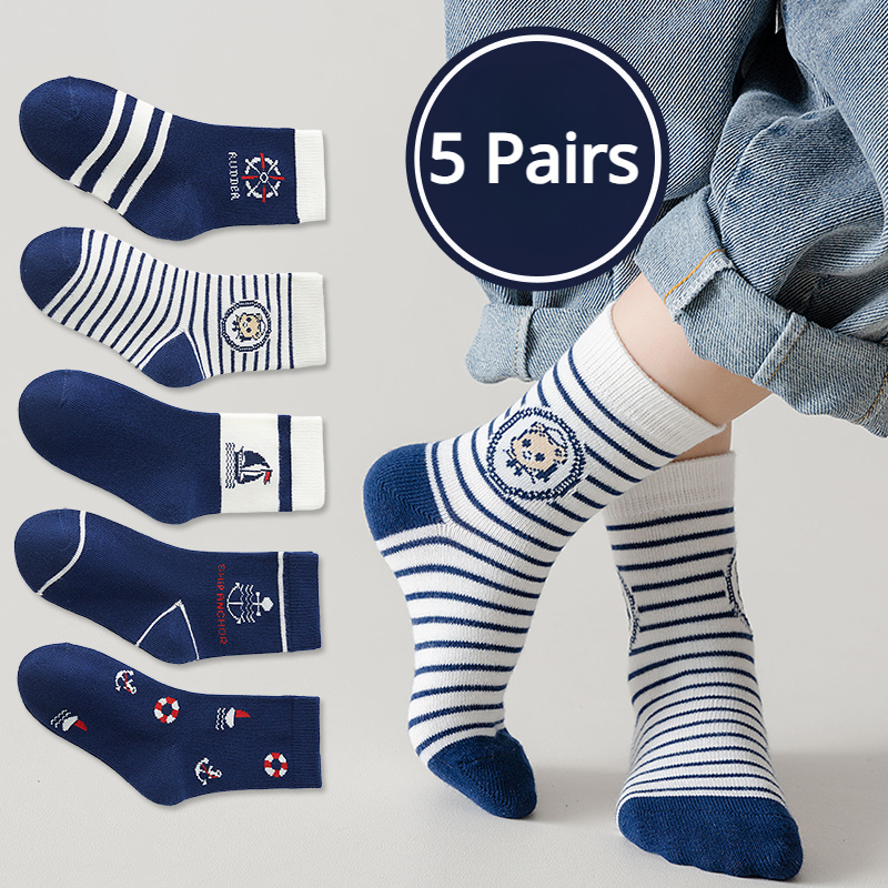 TEMU 5 Pairs Of Boy's Cute Cartoon Sports Crew Socks, Soft Comfy Breathable Socks For Autumn And Winter