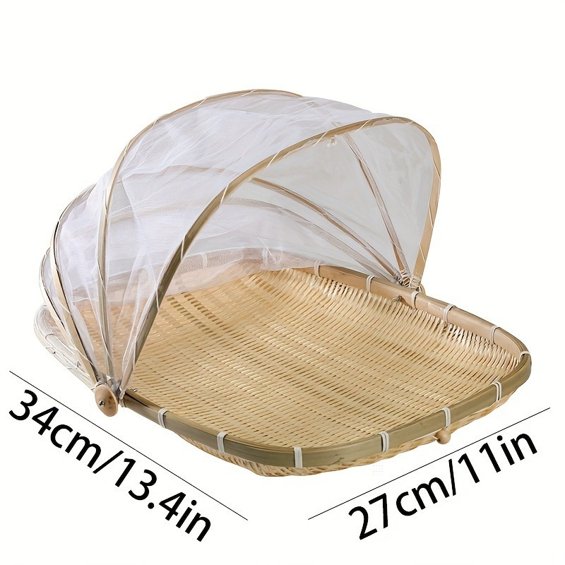 

Rustic Hand-woven Bamboo Food Serving Tent With Mesh Cover - Dustproof Round Picnic Basket For Bread, Vegetables & Fruits - Indoor & Outdoor Use