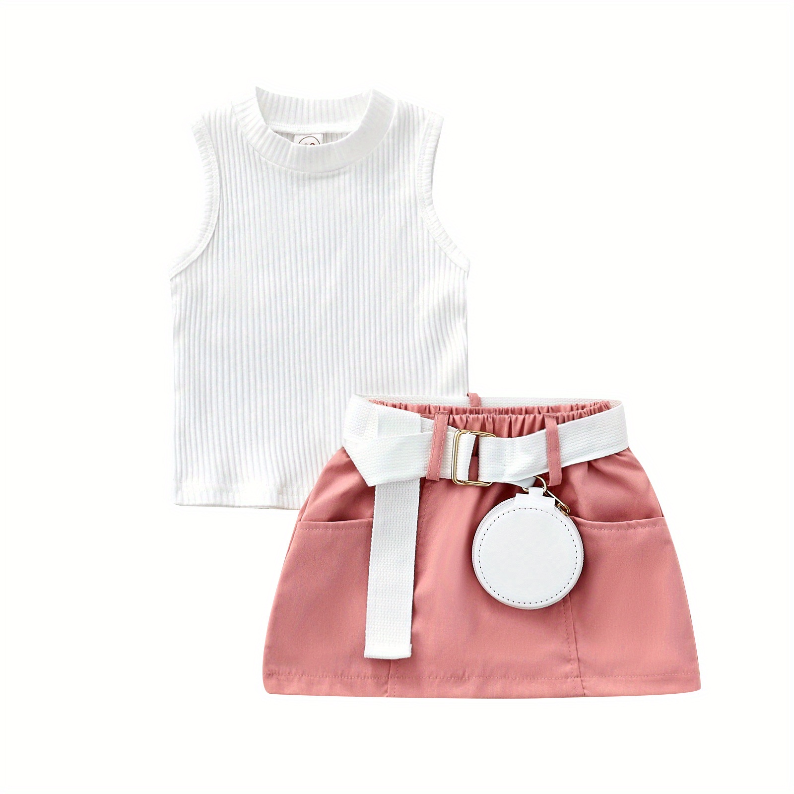 

9m-5t Kids Little Girl Summer 2pcs Outfits Solid Color Sleeveless Tank Tops And Casual Pocket Mini Skirt And Fanny Pack Set