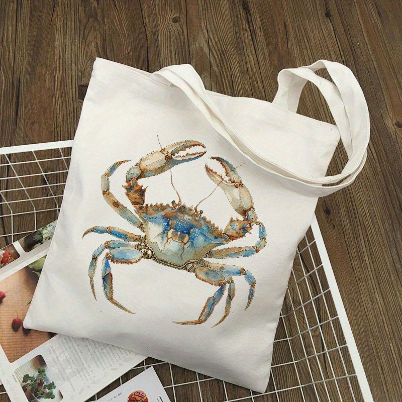 

1 Pc Crab Print Portable Shoulder Bag, Casual Canvas Tote Bag, Durable And Reusable Handbag For Daily Use