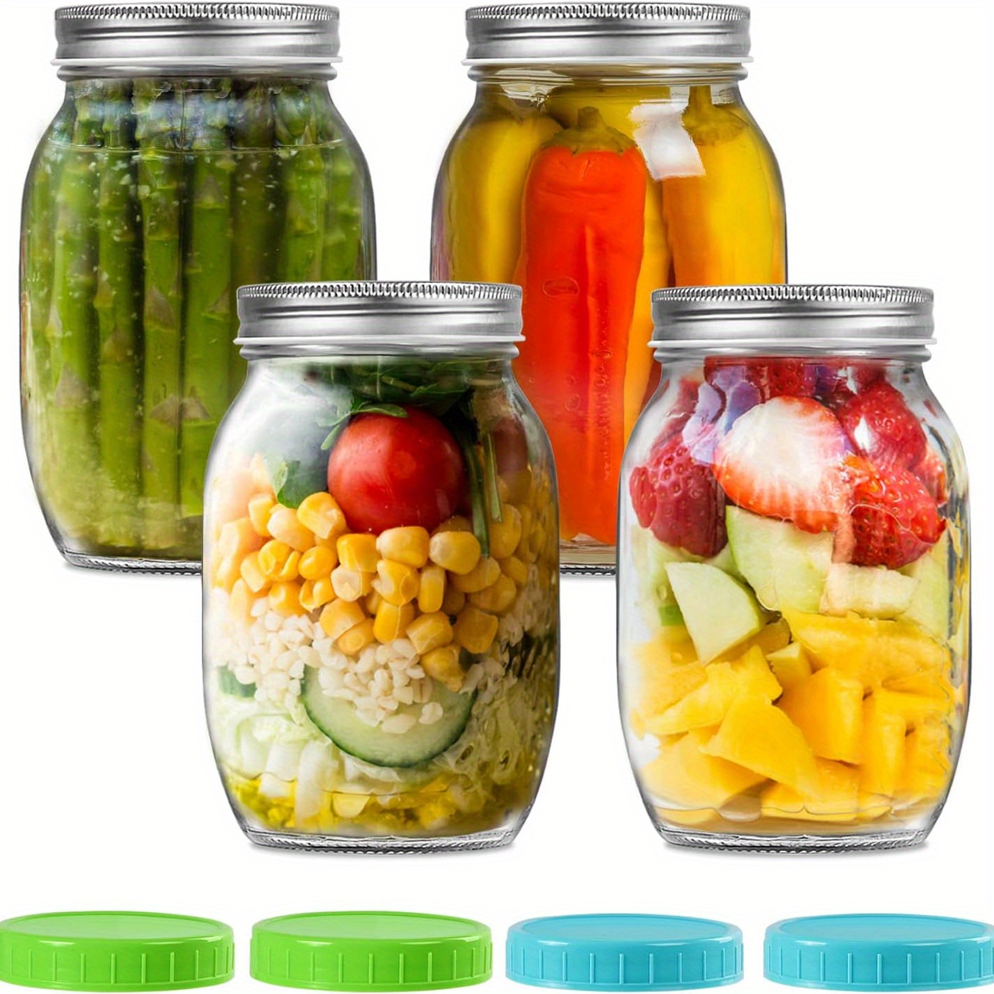 

32 Oz Wide Mouth Mason Jars With Metal Lids & Plastic Lids, Quart Size Clear Glass Jars For Preserving, Meal Prep, Salad, Canning, Fermenting, Favors, Home Decor, Diy - 4 Pack1