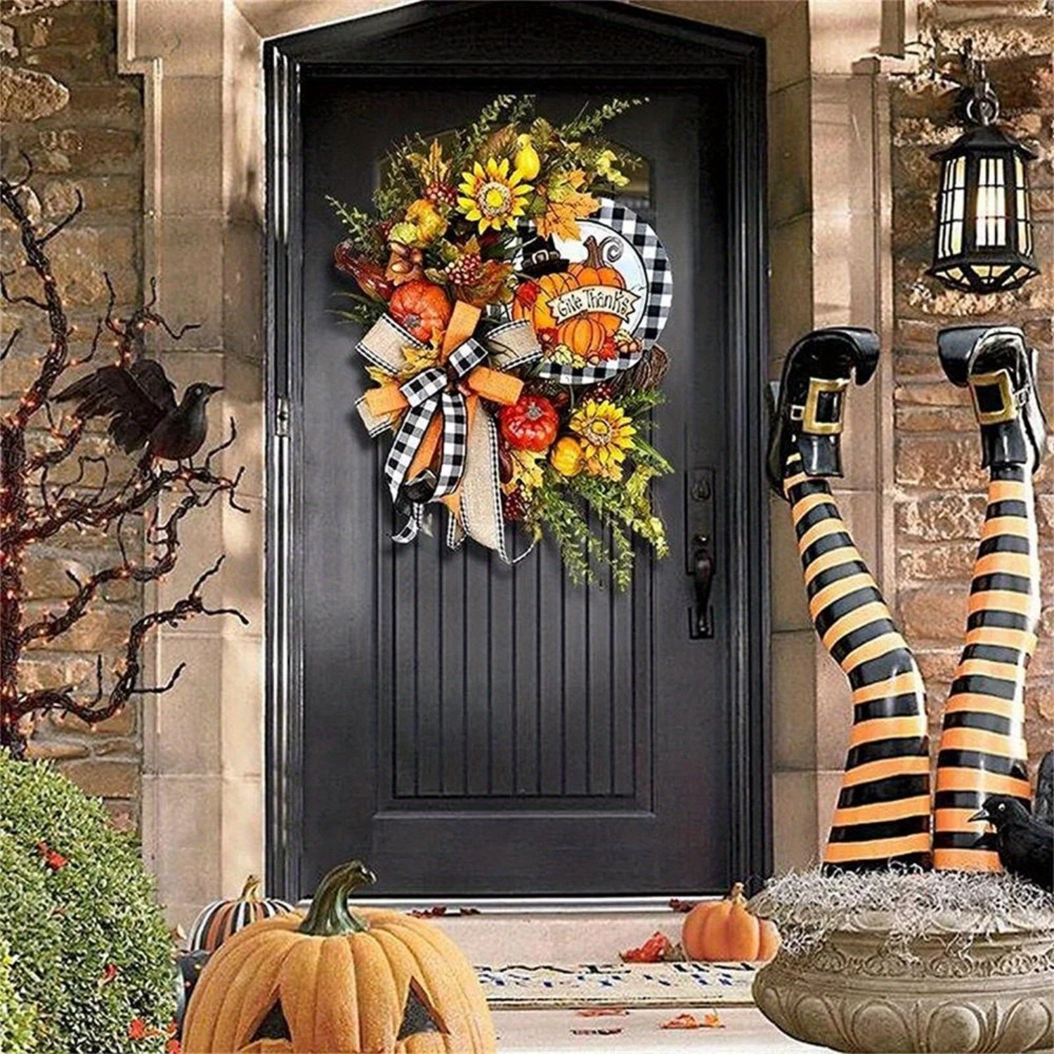 

Fall Lattice Pumpkin And Sunflower Wreath Doorplate For Front Door -home Decoration Autumn Eucalyptus Rustic Farmhouse Wreaths For Thanksgiving Christmas Garden Decorations