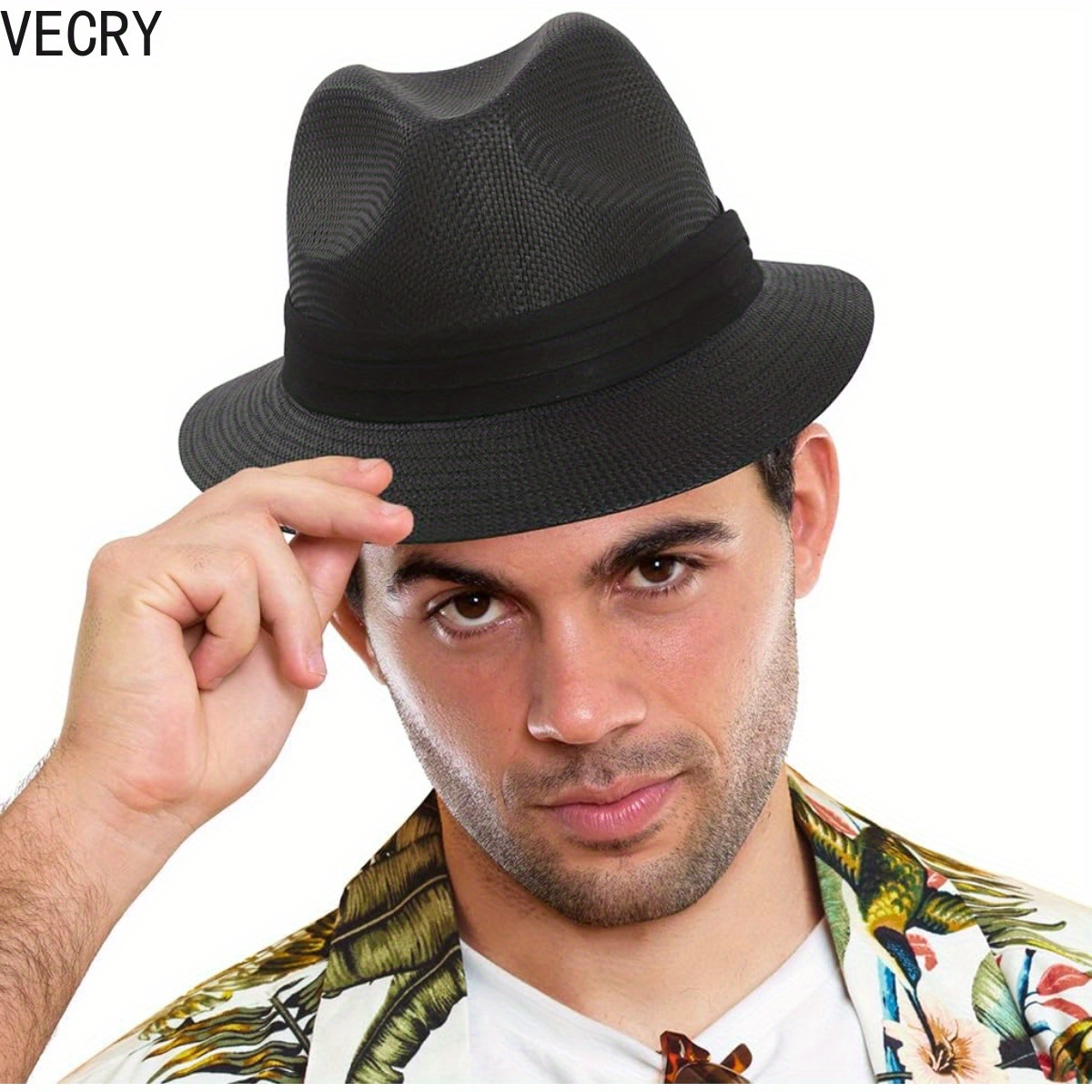 

Vecry Mens Straw Panama Fedora Sun Hat Summer Beach Trilby Hats