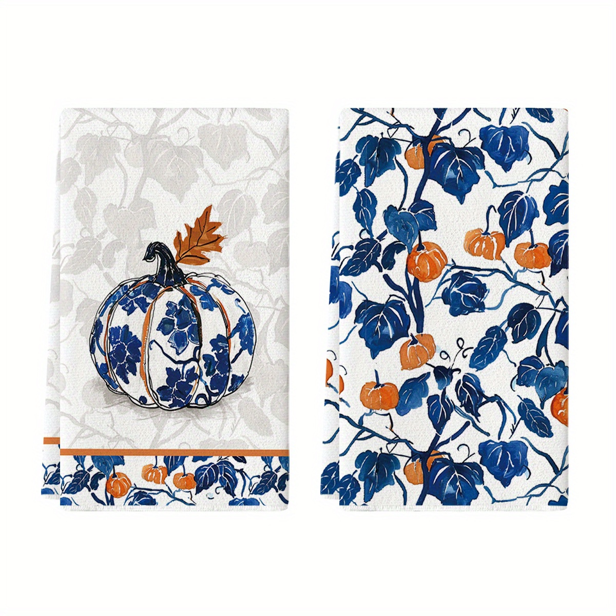 

2pcs Blue Pumpkin Fall Kitchen Towels Dish Towels, 18x26 Inch Autumn Floral Leaves Thanksgiving Decoration Hand Towels