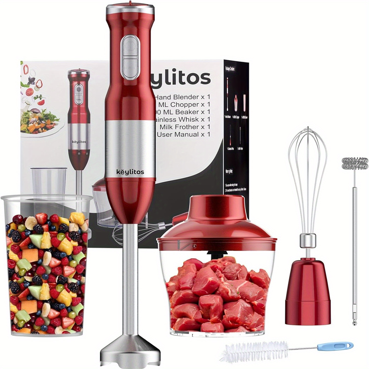 

5 In 1 Immersion Hand Blender Mixer, [upgraded] 1000w Handheld Stick Blender With 600ml Chopper, 800ml Beaker, Whisk And Milk Frother For Smoothie, Baby Food, Sauces Red, Puree, Soup (red)