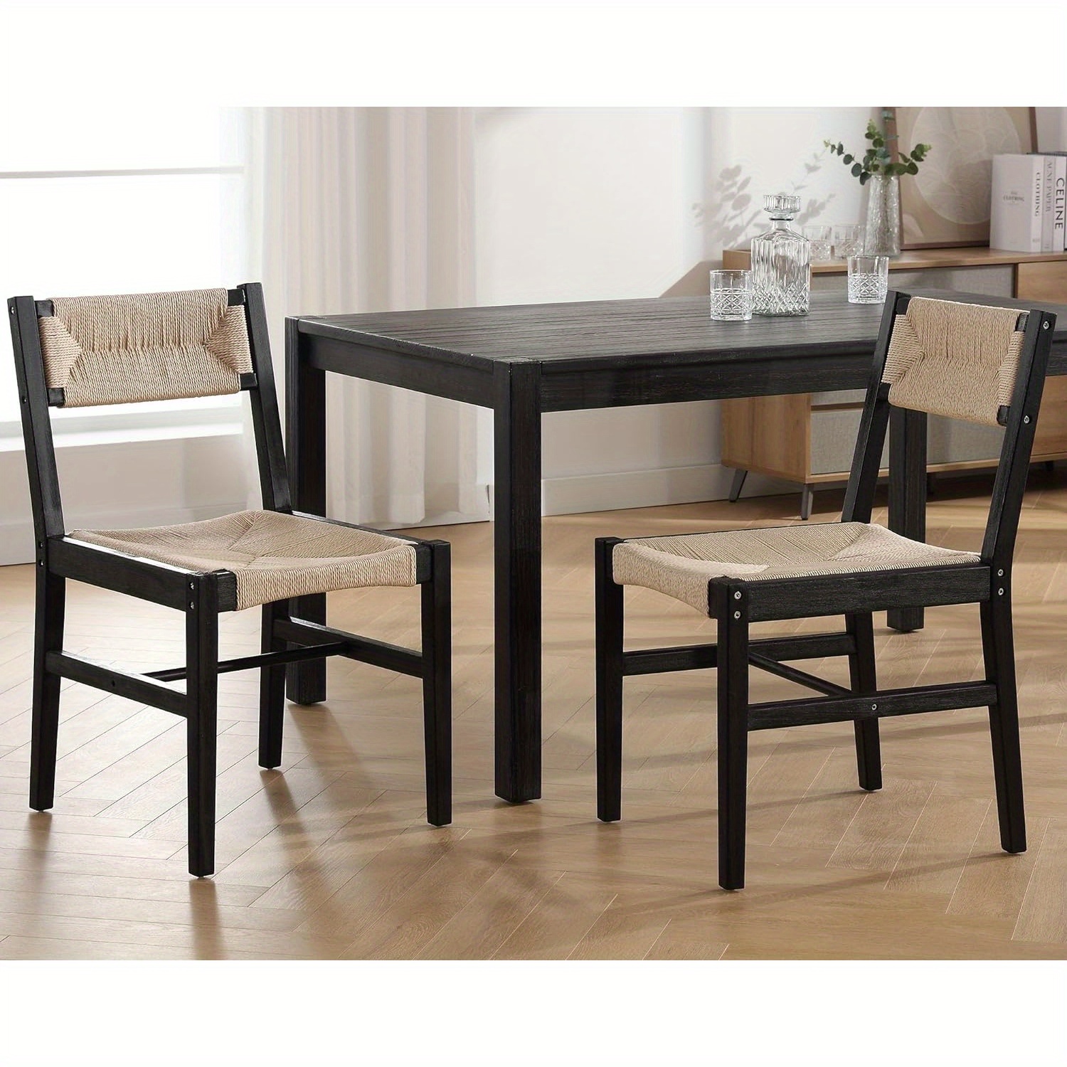 2 Pcs Wooden Dining Chairs With Beige Paper Rope Weave Backrest And ...