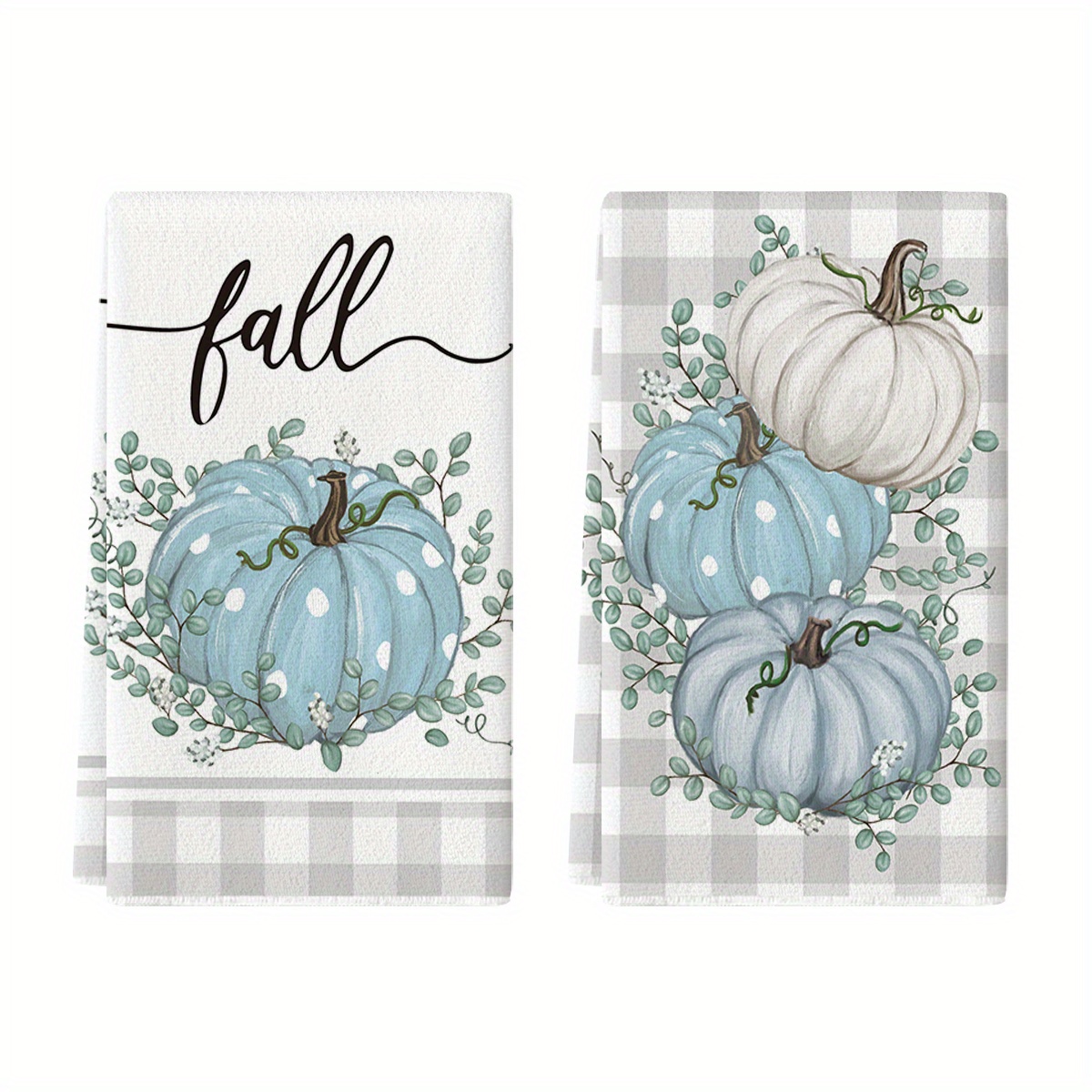 

Sm:)e Buffalo Plaid Pumpkin Eucalyptus Leaves Fall Kitchen Towels Dish Towels, 18x26 Inch Seasonal Decoration Hand Towels Set Of 2