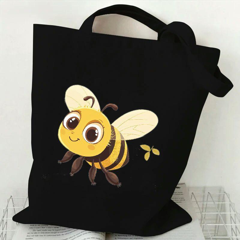 

1 Pc Cute Bee Print Portable Shoulder Bag, Casual Canvas Tote Bag, Durable And Reusable Handbag For Holiday