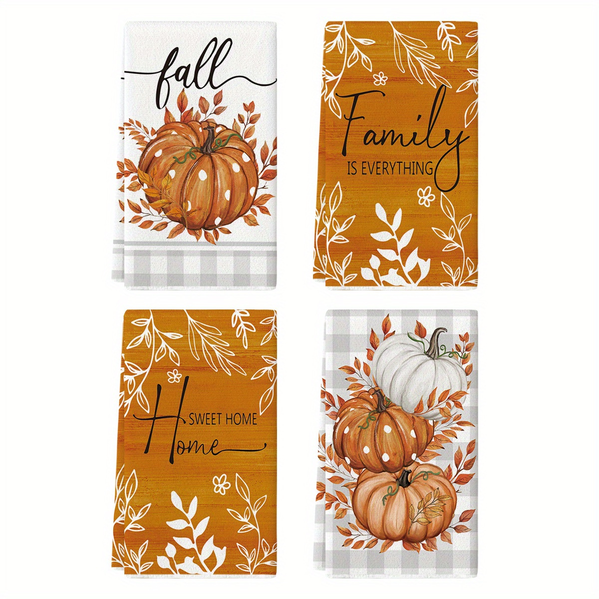 

Sm:)e Plaid Polka Dot Pumpkin Fall Kitchen Towels Dish Towels, 18x26 Inch Eucalyptus Leaves Decoration Hand Towels Set Of 4