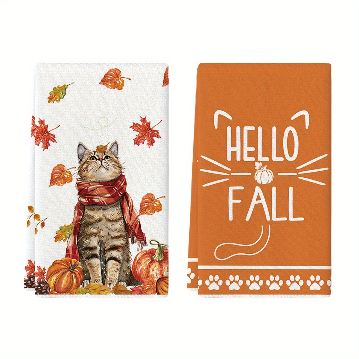 

Sm:)e Cat Scarf Pumpkin Hello Fall Kitchen Towels Dish Towels, 18x26 Inch Maple Leaves Thanksgiving Decoration Hand Towels Set Of 2