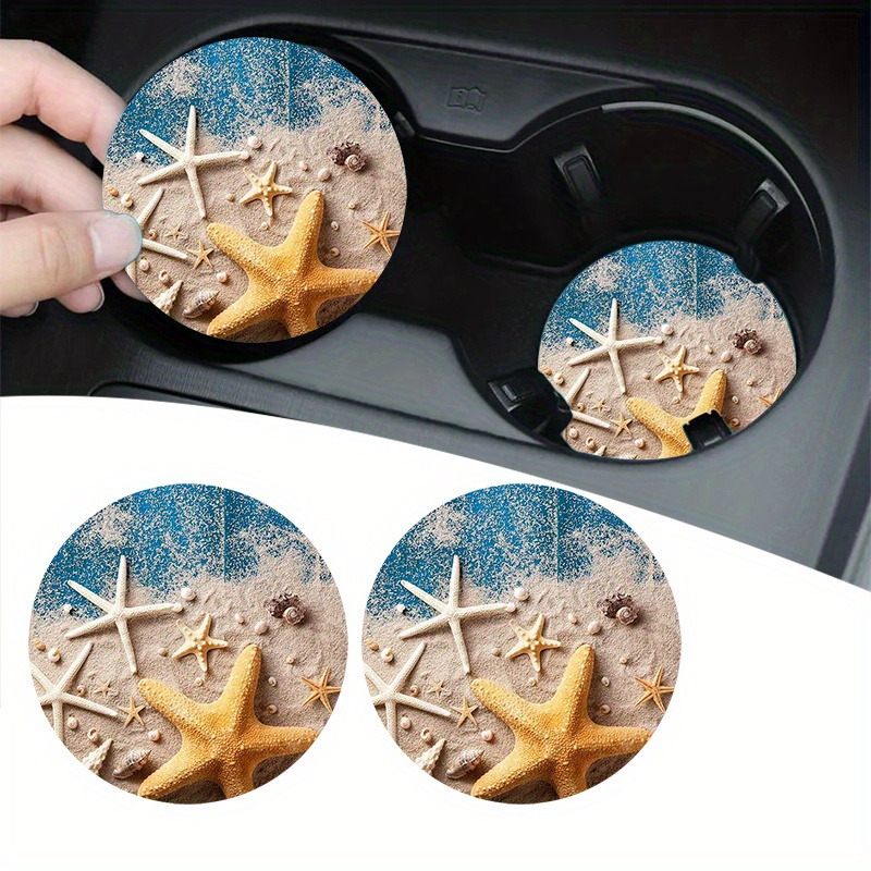 

2 Pcs Beach Starfish Pattern Car Coasters - 2.75" Circular Eva Coasters For Car Interior Cup Holders - Summer Essentials, Party Gift