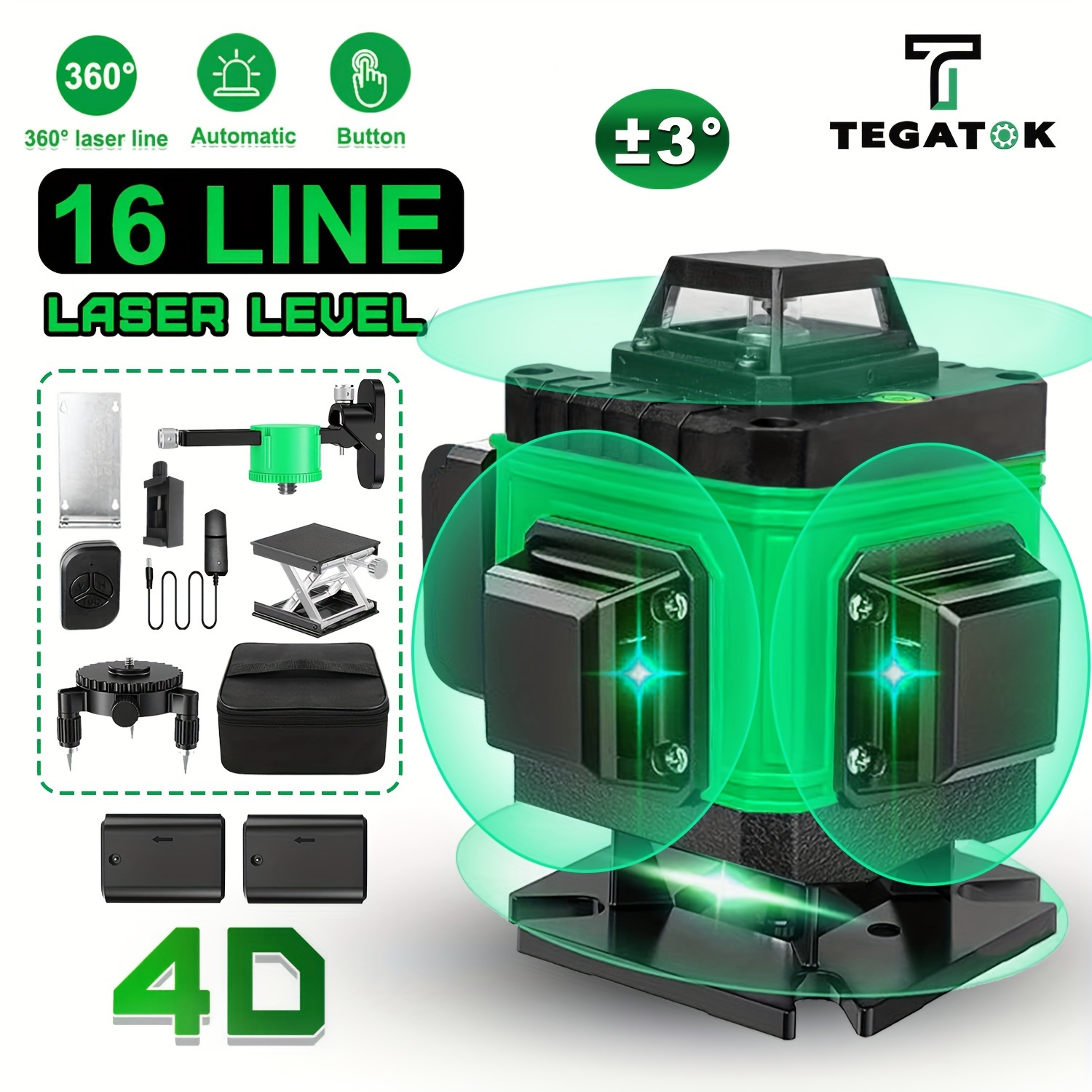 

Tegatok Laser Level Self Leveling 16 Lines 4d Green 360° Self Leveling Rotary Line Measure For Construction And Picture Hanging, Rechargeable Battery, Remote Controller